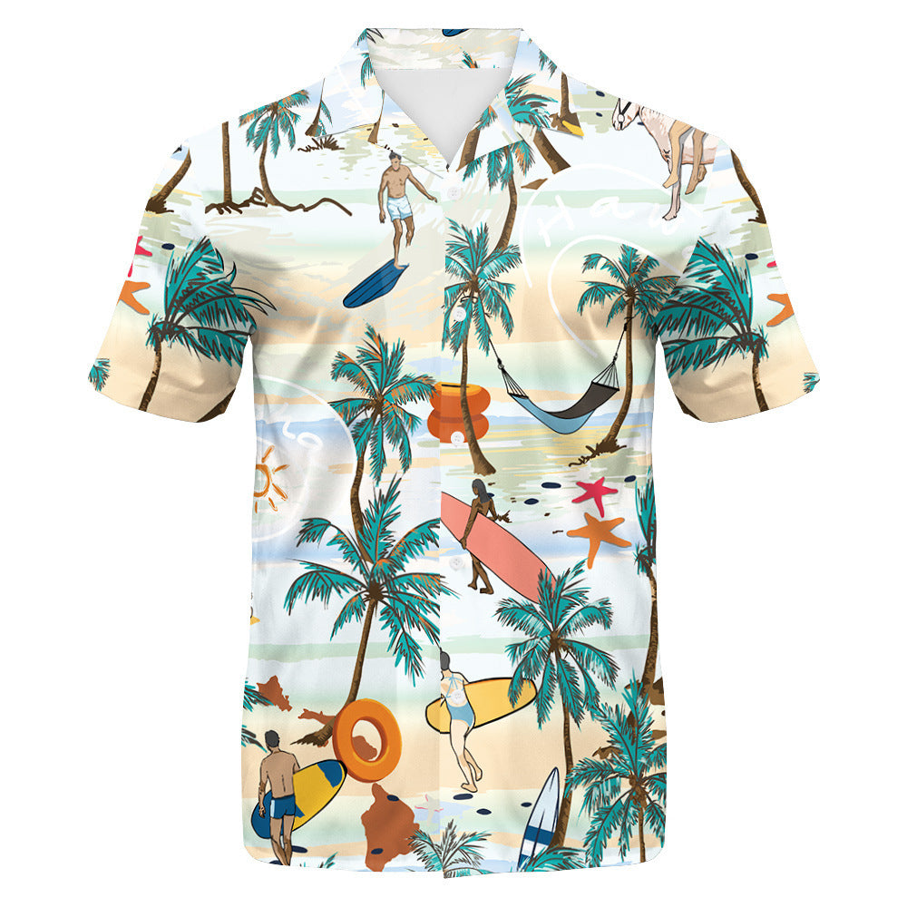 Men's Beach Travel Printed Cool Shorts Shirt Double-layer Two-piece Set